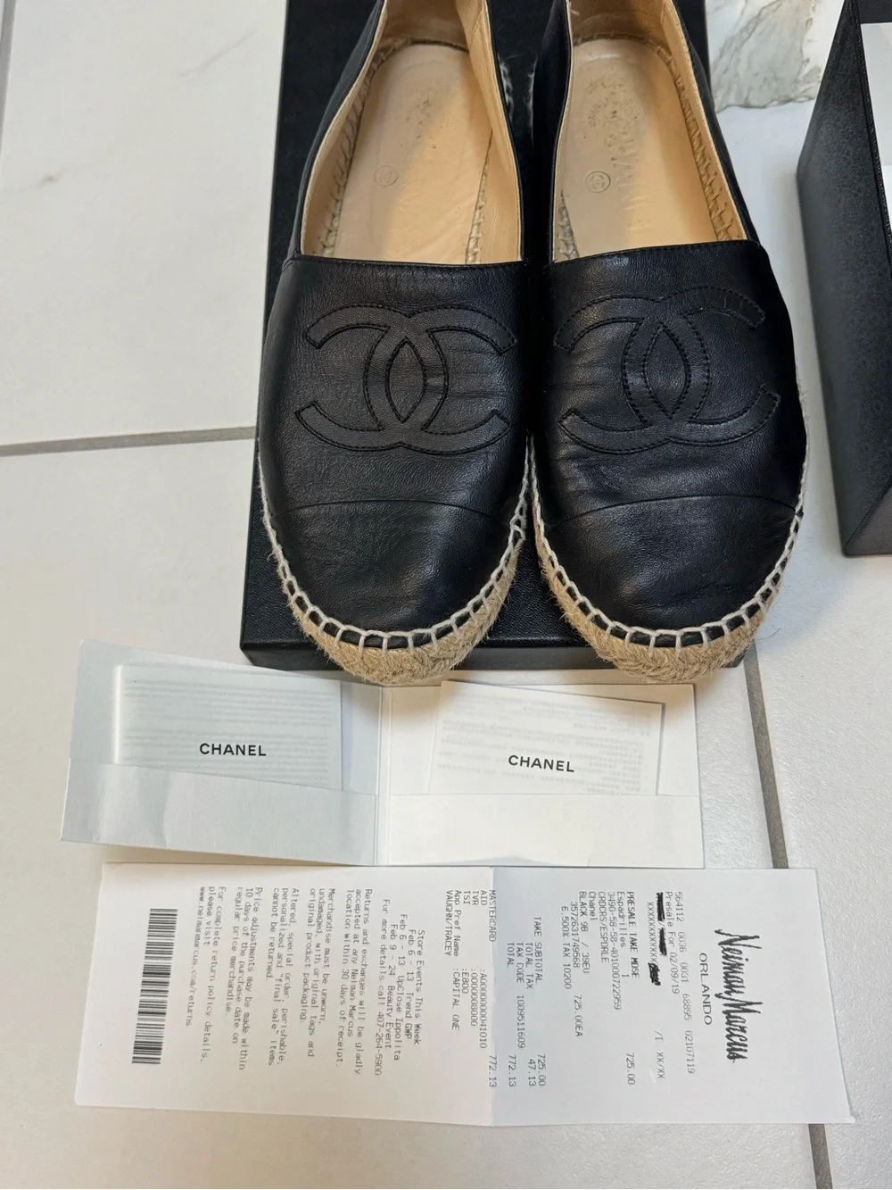 CHANEL Black Leather Logo Espadrille Flats